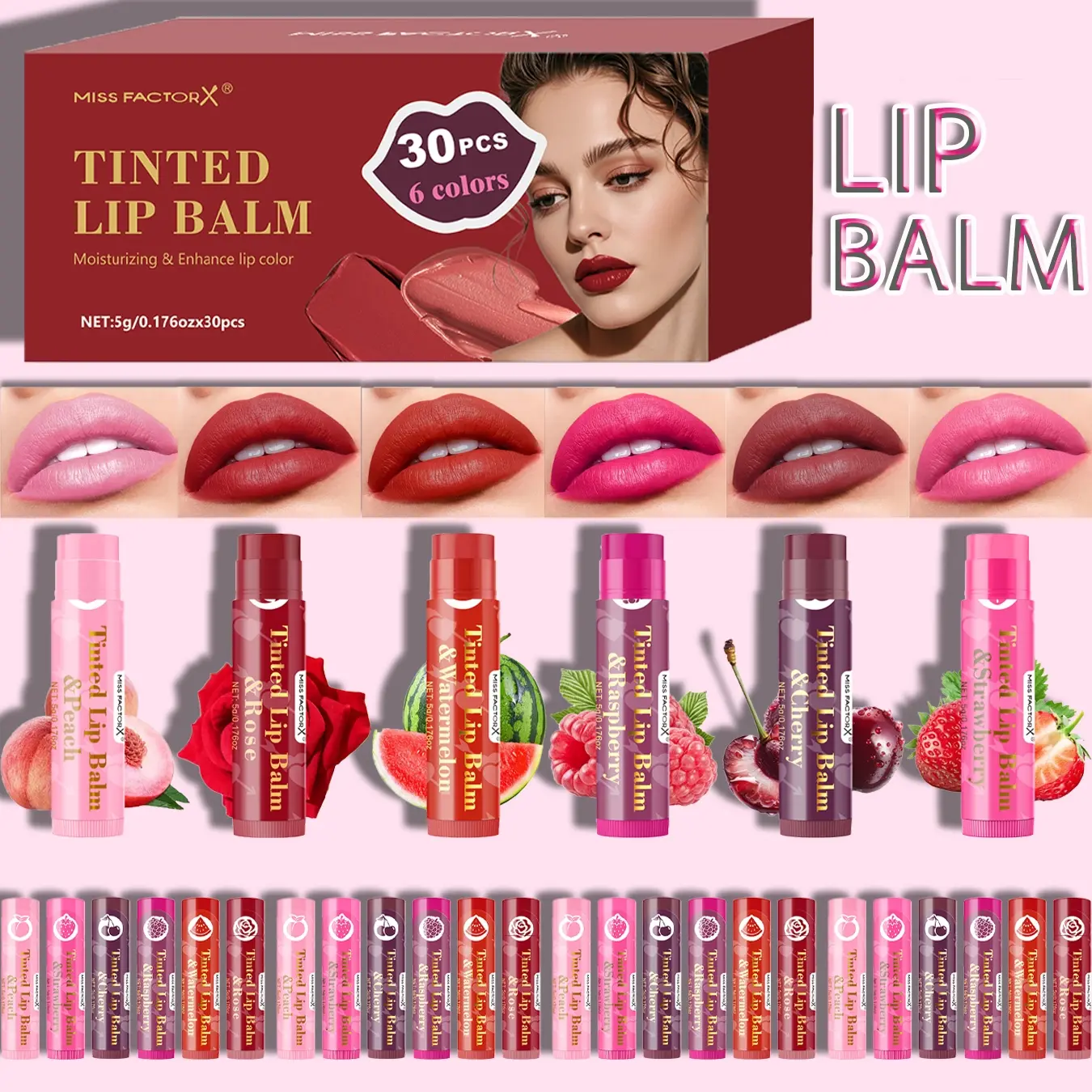 30-Piece 6 Color Tinted Lip Balm Set, Lip Cosmetic, Moisturizing Glossy Finish, Non-Toxic & Recyclable, Perfect for All Skin Types, Portable Makeup Gift