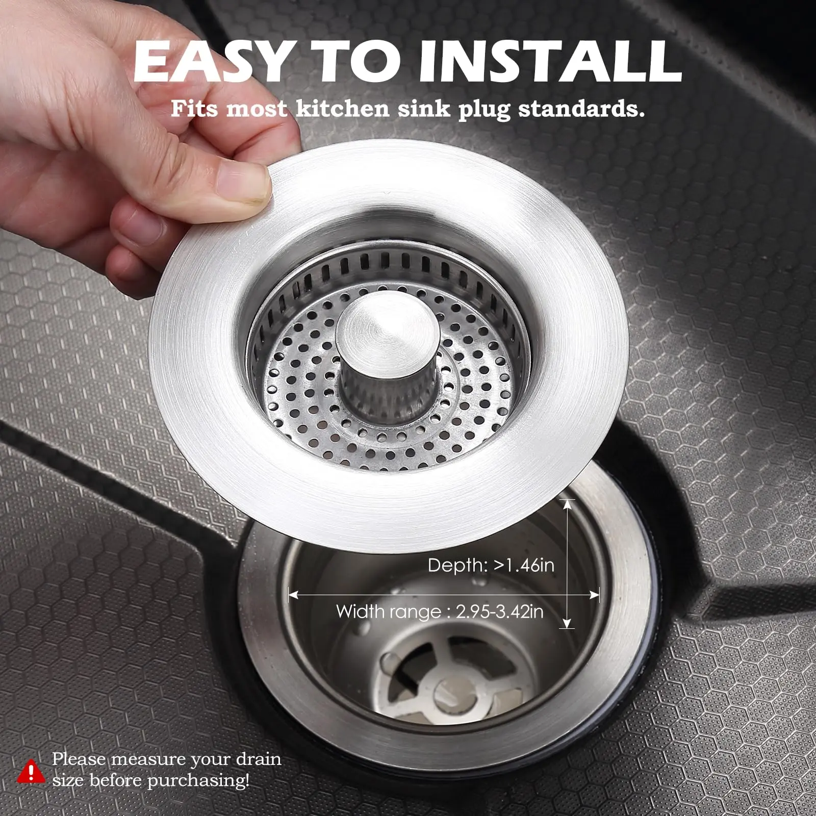 3-in-1 Sink Drain Strainer, Stopper, Stainless Steel Plug with Basket, Fits US Standard 3.5-inch Kitchen Drain Hole