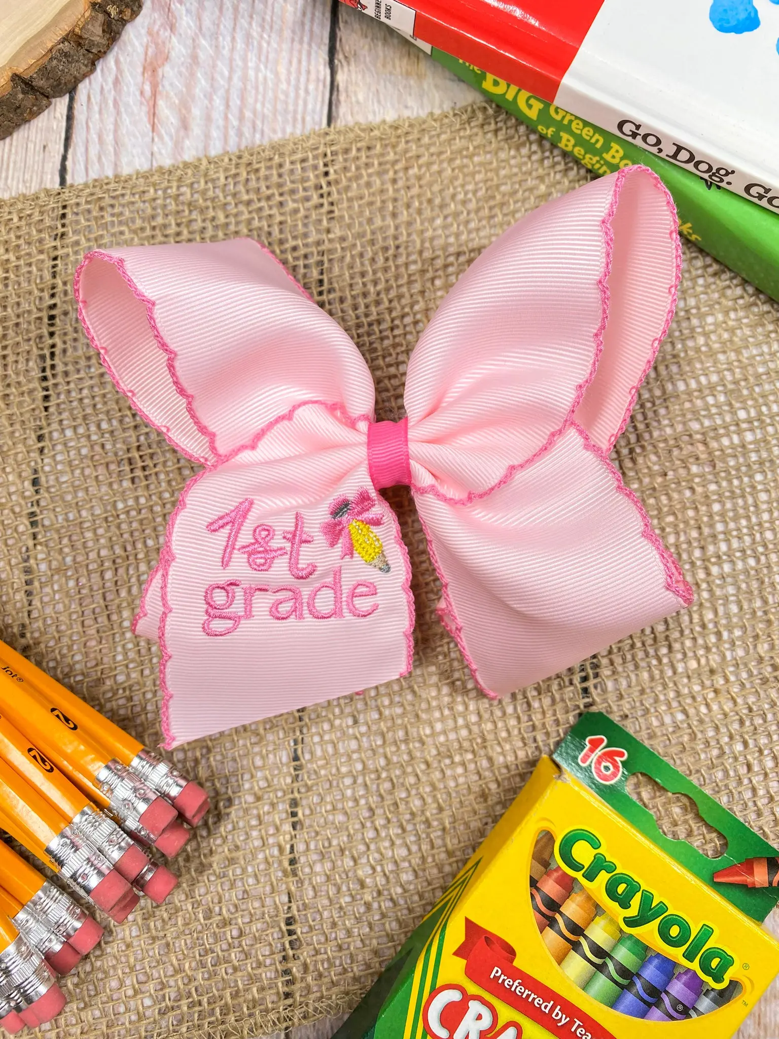 Premium Embroidered Moonstitch Bow Pencil Hair Clip, Fashion Hair Accessory for Girls