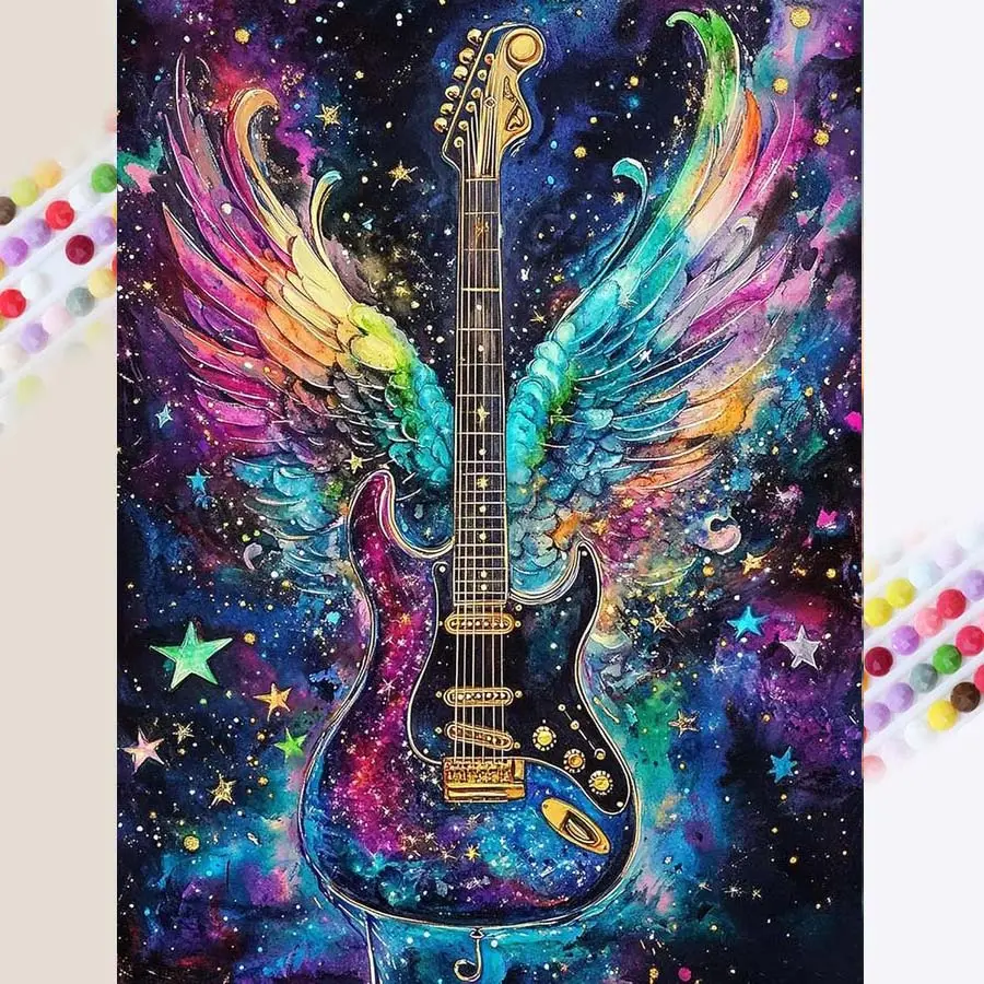 1 set of DIY diamond painting kit, 5D diamond art set, DIY decoration guitar, wings, starry sky mosaic, diamond art, DIY art home decoration, Diamond Art Tools
