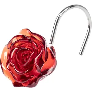 Rose Shower Curtain Hooks,  Decorative Flower Shower Curtain Rings for Bathroom, ,  Red Floral Shower Curtain Hanger Hooks for Living Room, Set of 12