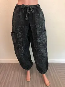 Patchwork Cotton Hippie Pants Bohemian Festival Cargo Pants with Drawstring Waist and Multiple Pockets