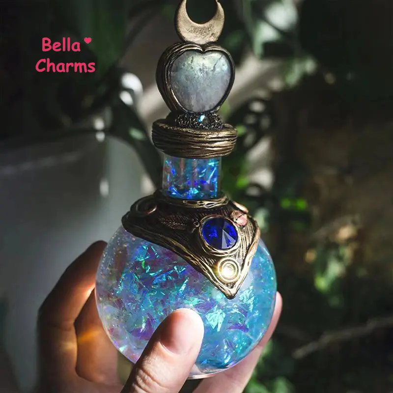Mermaid Magic Aura Potion Bottle – Handmade Crystal Gemstone Bottle, Vintage Moon Resin Decoration, Enchanting Home Décor and Unique Gift for Women, Girlfriend, and Fantasy Lovers