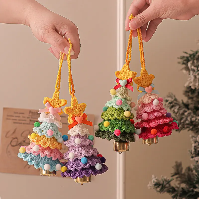 Plush Christmas Hanging Ornament Crochet Christmas Tree Small Decoration with Colorful Pom-Poms and Bell for Car and Home