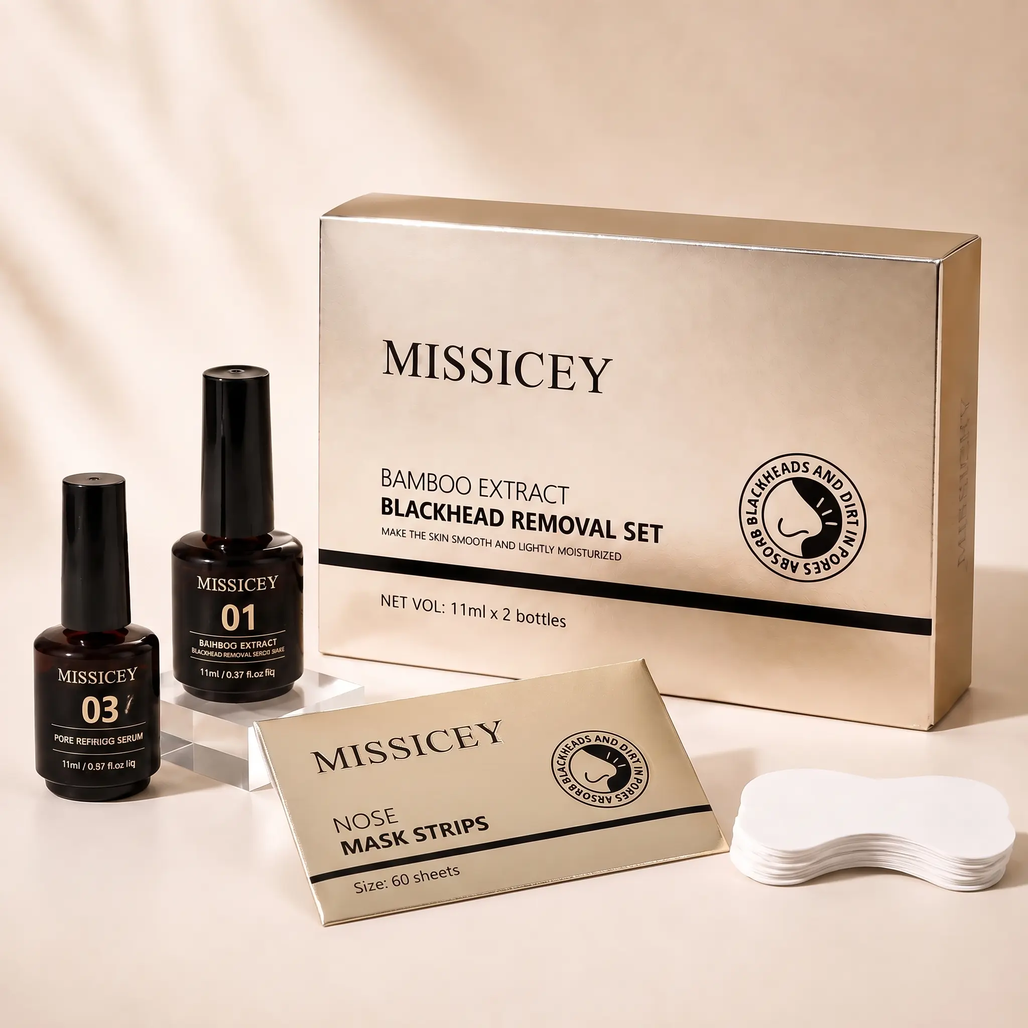 MISSICEY Blackhead Removal Set - Bamboo Extract Deep Cleaning Pore Care Kit with 60 Sheets Nose Strips