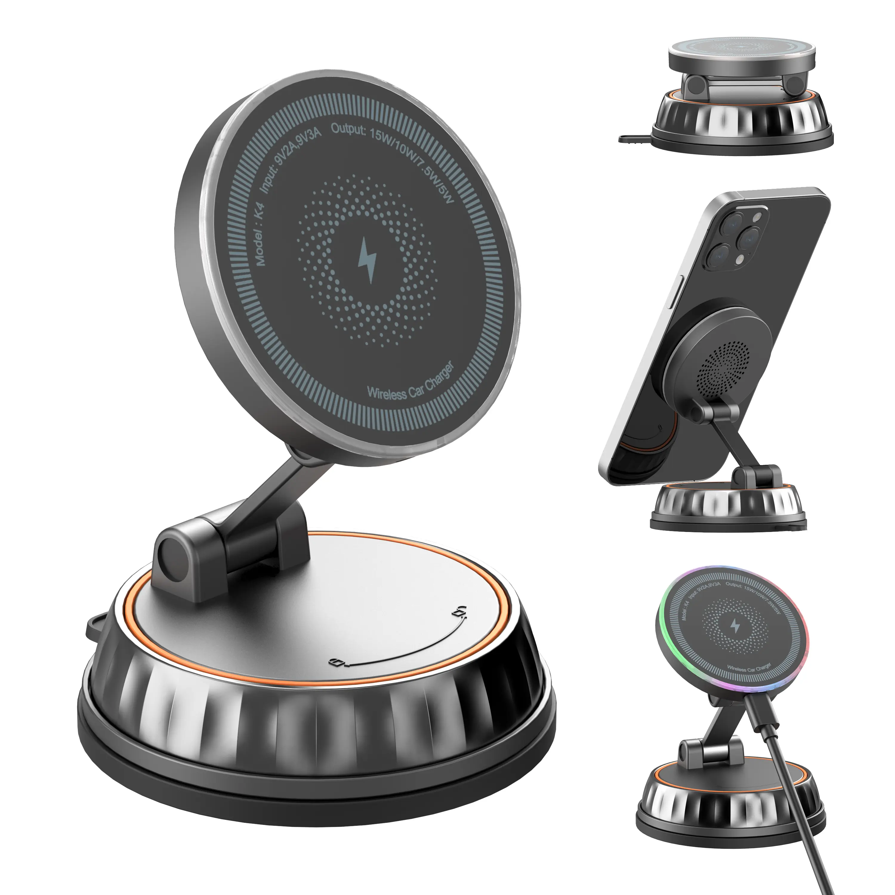 Upgraded 15W Fast Magnetic Wireless Car Charger, Vacuum Nano Gel Suction Stable Phone Mount 360° Adjustable for iPhone & Samsung