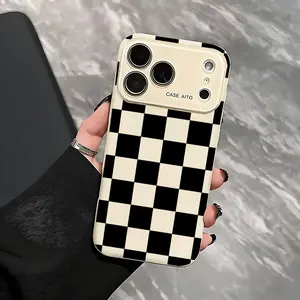 Black checkered Soft&Flexible TPU Silicone Phone Case For iPhone 17 Pro Max AIR 16 15 14 13 12 Plus Cases Durable|Shockproof|Full Camera Protection|Anti-Scratch|Anti-Fingerprint|Non-Slip|Slim Fit|Gift For Girlfriend/Men/Women