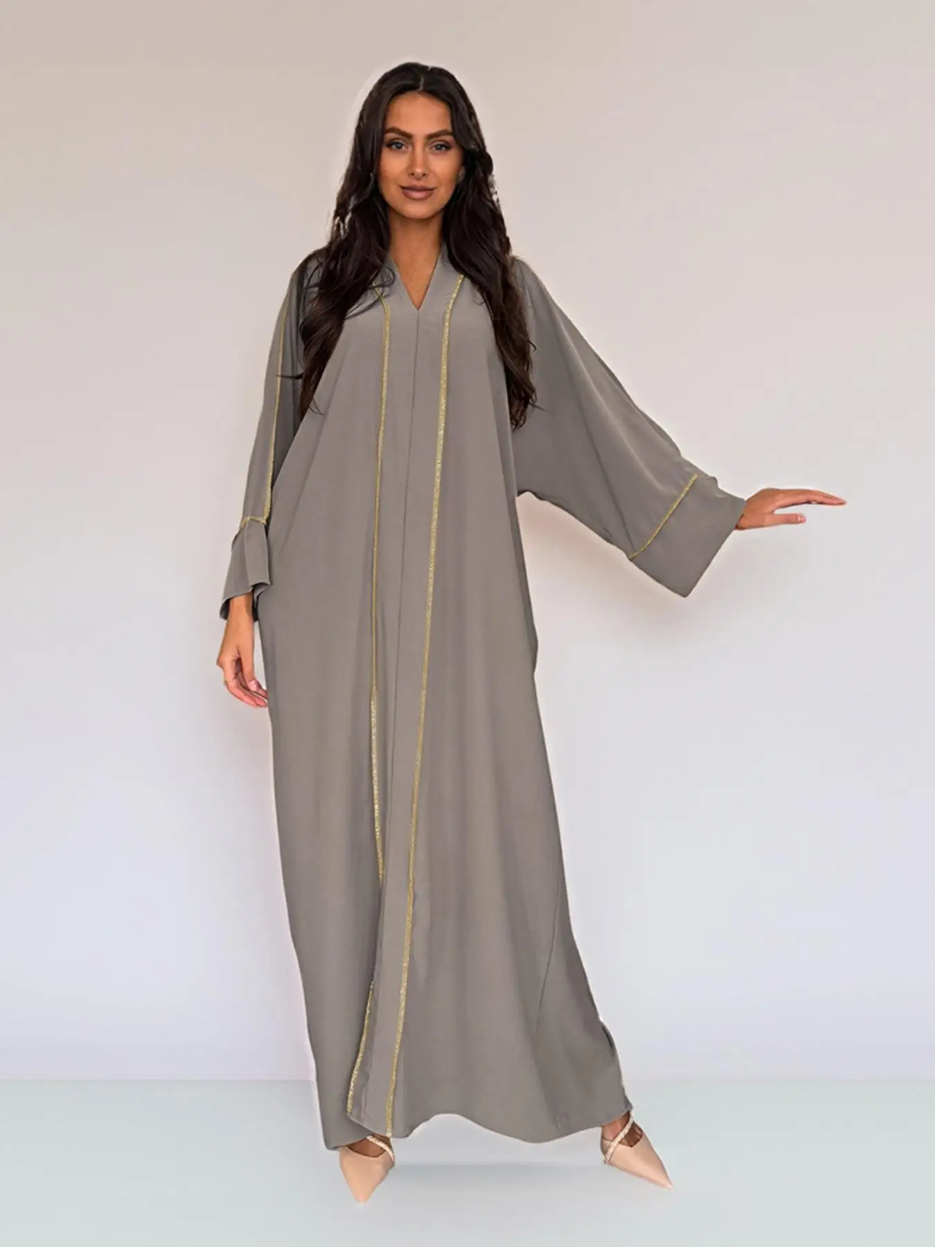 Arabic Clothing-Contrast Binding Batwing Sleeve Tunic Dress, Casual Long Sleeve V Neck Long Dress for Summer, Women's Islamic Clothing for Daily Wear