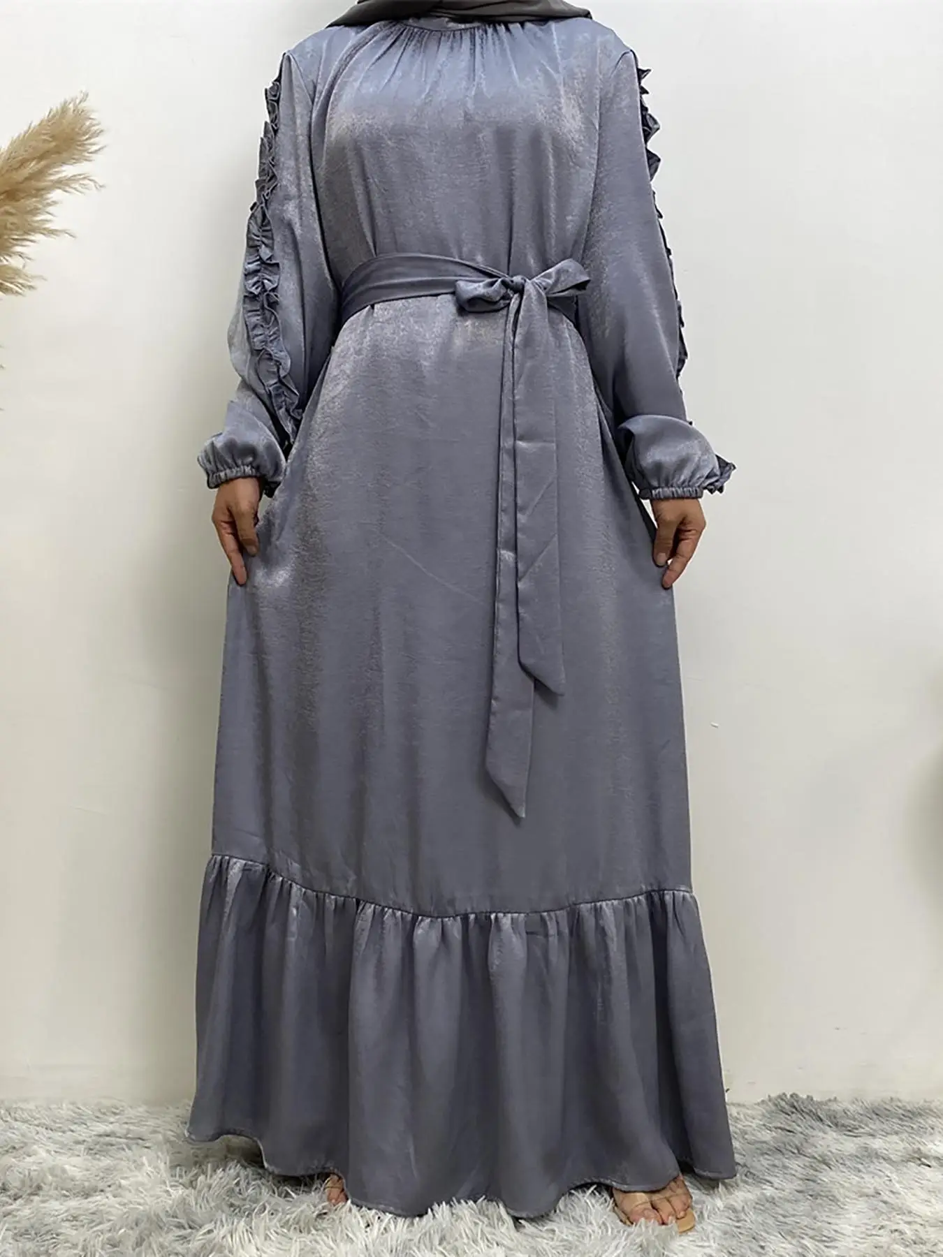 Women's Plain Frill Trim Belted Ruffle Hem Lounge Dress, Casual Bishop Sleeve Keyhole Neckline Long Dress for Summer, Women's Islamic Clothing for Dai