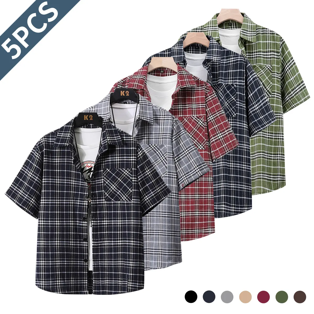 Men’s Summer Stand Collar Short-Sleeve Shirt Set of 5 – Casual, Fashionable, Versatile Plaid Shirts with Pocket Design, Classic Check Pattern for Everyday Summer Outings