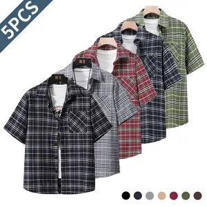 Men’s Summer Stand Collar Short-Sleeve Shirt Set of 5 – Casual, Fashionable, Versatile Plaid Shirts with Pocket Design, Classic Check Pattern for Everyday Summer Outings,summervibes