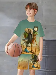 Boys Summer Sports Set, Desert Fantasy Creature Patchwork Printed T-Shirt and Shorts Two-Piece Set, Casual Slim-Fitting