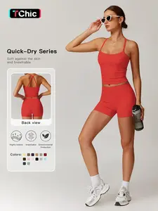 Two-piece Set Women's Solid Backless Cami Top & High Waist Shorts Tracksuit Set, Sleeveless Spaghetti Strap Crop Top & Skinny Shorts, Ladies Sportswear for Indoor Outdoor Wear, Gym Wear