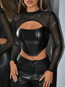 Sexy Rhinestone Mesh Lattice Imitation Leather Bra Set, Y2K Long Sleeve Fishnet Top Two-Piece, Streetwear Style Party, Punk Festival Wear