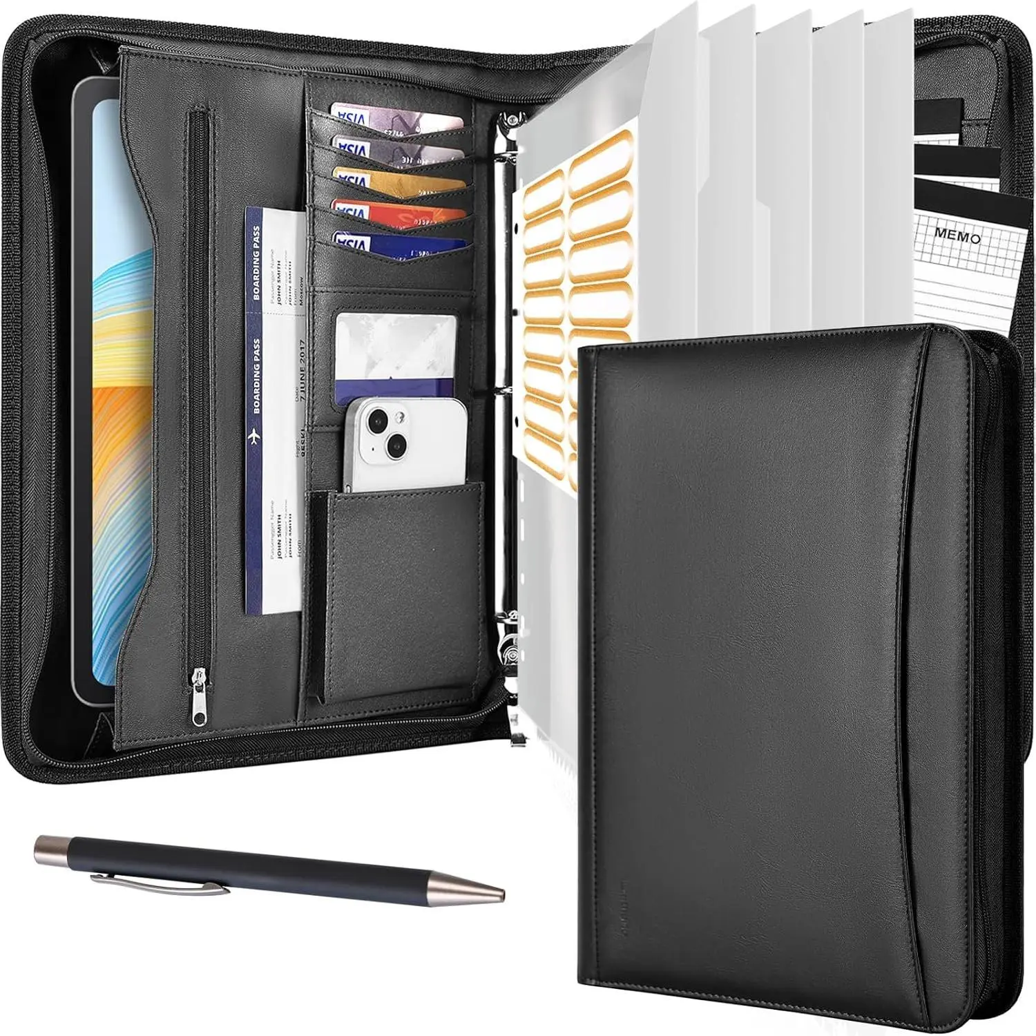 Vegan Leather A4 Zippered Portfolio Binder - Card Binder Holder, Travel Portfolio, 3-Ring Folder Organizer, 10 Sheet Protectors, 3 Notepads, Tablet Sleeve for Business Office Conferences, Card Binder Holder Travel Portfolios