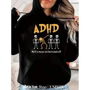 Casual Men's Long Sleeve Hoodie - ADHD Awareness Skeleton Graphic, Breathable Knit