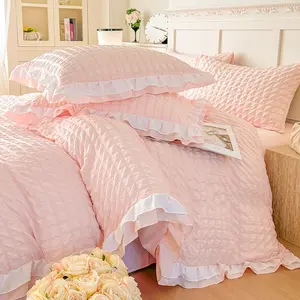 3pcs Bubble Mesh Bedding Set, Includes 1 Lace Duvet Cover and 2 Pillowcases, Zipper Design, Soft Fabric, Suitable for All Seasons, Soft Bedding Sets, Pleated Bedding Sets