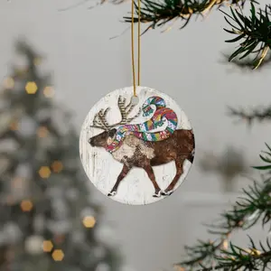 Winter Joy Reindeer Ceramic Ornament - Festive Holiday Woodland Animal Tree Decor - Circle/Star/Heart/Oval Shape