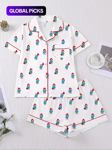 Women's Bear Print Pajamas, Sleepwear Set for Spring & Summer, Casual Fitted Shirt & Elastic Shorts, Valentine's Day Gift, Home Wear, Loungewear, Outfit