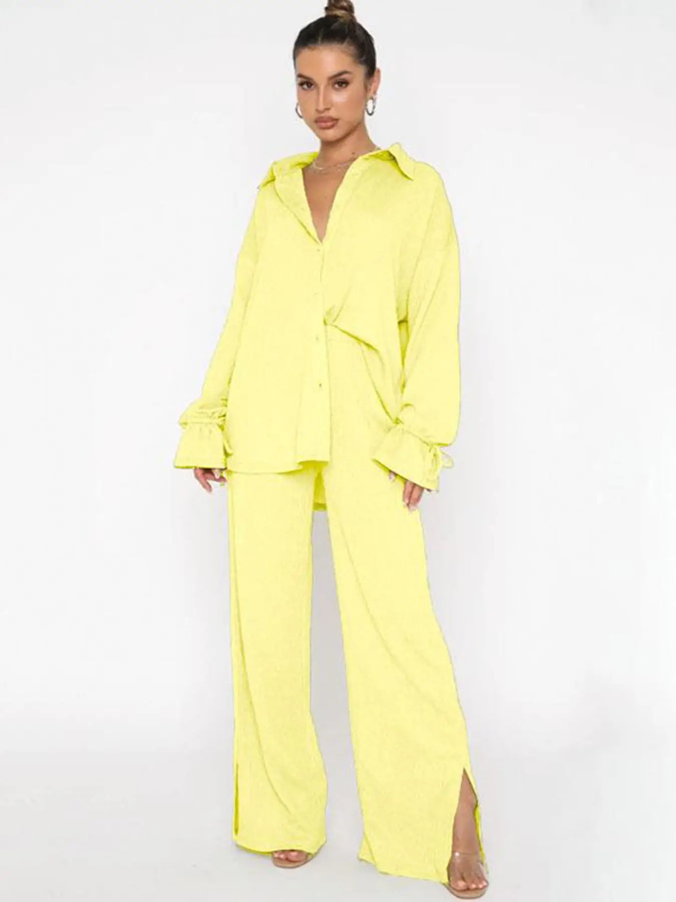 Two-piece Set Women's Long Sleeve Shirt and Split Wide Leg Comfy Pants Set, Summer Outfits Sets, 2 Piece Sets Women, Solid Shirt Blouse & Trousers for