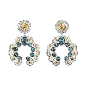Artisan Crafted Blue Moon Turquoise 3.50 ctw Native American Concho Earrings in 18K Yellow Gold and Rhodium Over Sterling Silver Christmas Gifts