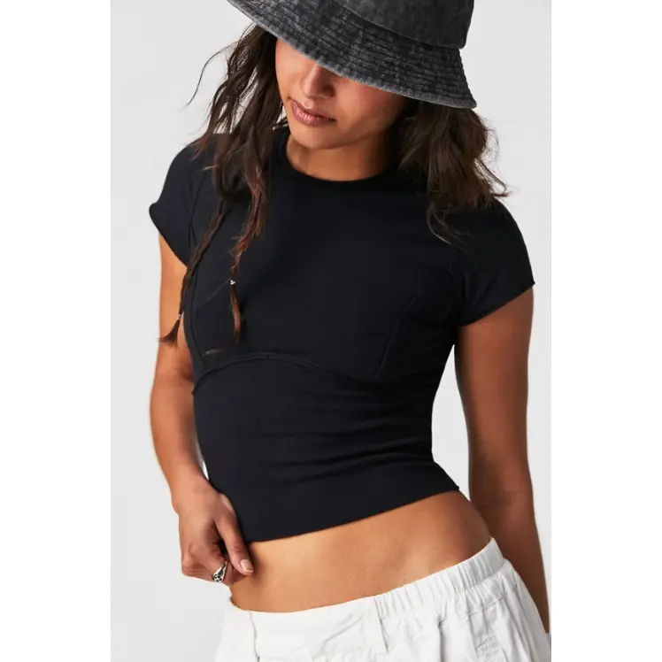Women's Free People Protagonist Cotton Short-Sleeve Tee - Round Neck, Crew Neck, Ribbed Detail, Athletic, Comfortable Minimalist Basic Daily Top, Shortsleeve, Casual