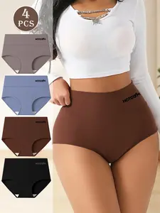 Hotcom 4 Pack Women's Plus Size High Waist Briefs Minimalist Soft Comfy Breathable Cotton Panties for Daily Wear Ladies Underwear All Seasons Hipster Briefs Multipack Outfits Pleated show full coverage brief