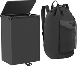 60L 2-in-1 Laundry Hamper with Laundry Backpack, Waterproof Basket with Lid, Laundry Bag with Shoulder Straps and Mesh, Hamper for College Dorm, Travel, Apartment, Laundromat