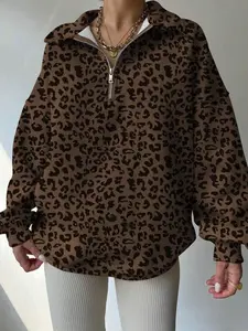 Women Casual Leopard Print Drop Shoulder Loose Fit Pullover Sweatshirt, Autumn/Winter,Graduation,Teacher,Back To School Fall,Leopard print pullover,  Quarter zip sweatshirt,  Animal print top,  Oversized leopard sweater,  Brown cheetah print hoodie,