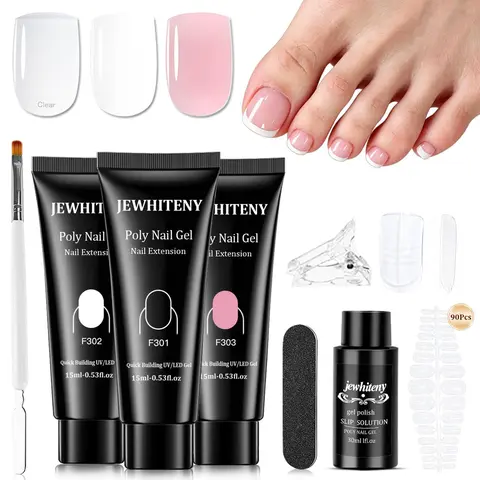 JEWHITENY 3-Color (Pink, Clear, White) Poly Gel Nail Kit - Long Wear Extension Gel Art Set with Multi-Size Options for Toenails, DIY Nails at Home, Daily French Care