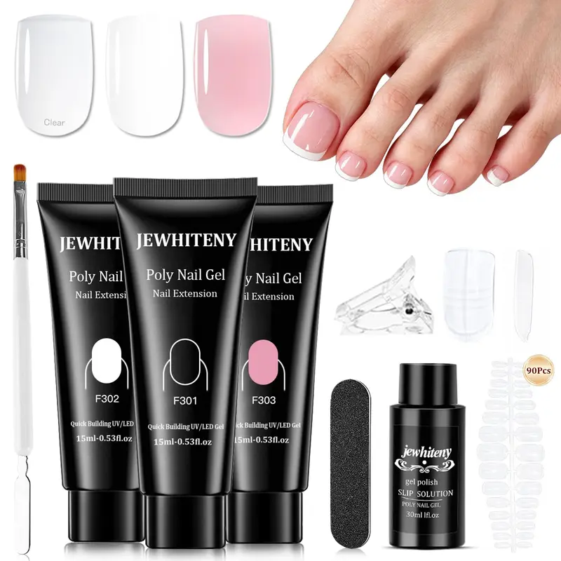 JEWHITENY 3-Color (Pink, Clear, White) Poly Gel Nail Kit - Long Wear Extension Gel Art Set with Multi-Size Options for Toenails, DIY Nails at Home, Daily French Care