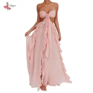 Women's Cutout Ball Gown Sleeveless Tie Back Solid Color Ruffle Long Dress Summer Party Dress