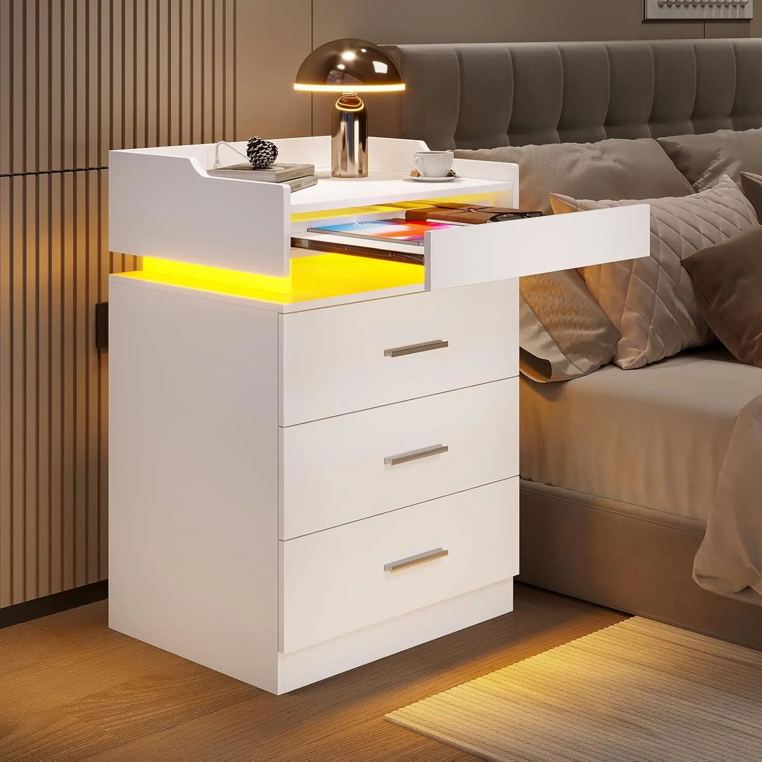 HAUOMS LED Bedside Side Table with Charging Station, Pull-Out Shelf, 3 Drawer Storage Cabinet, Contemporary End Table