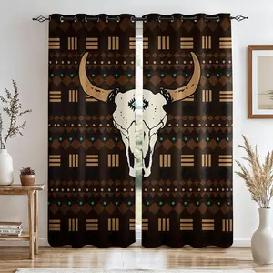 2 Panels Brown Western Bull Skull Print Blackout Curtains Thermal Insulated Room Darkening Window Drapes with Aztec Tribal Geometric Pattern for Bedroom Living Room Nursery Apartment Southwestern Farmhouse Home Decor
