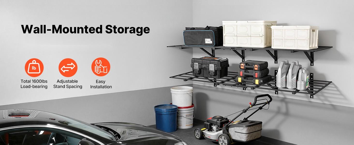 2-Tier Heavy Duty Wall Garage Shelving System, 4-Pack Steel Wall Mounted Shelving Unit, 24 x 72 Inches Per Shelf, Floating Storage Metal Rack For Garage Organization, 1600 Lbs Total Weight Capacity, Black