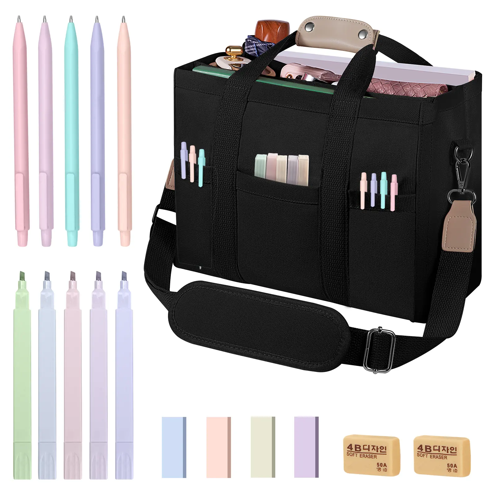 Canvas Tote Bag with Study Supplies, Multi Pockets Bible Shoulder Bag Handbag for Women/ Men Lightweight Organizer Holder Travel Unique Design Adjustable Removable Shoulder Strap Premium Fabric Material Perfect Size