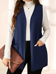 Women's Spring Sleeveless Knit Elegant Cardigan Minimalist Fitted Vest, Casual Outerwear with Pockets, Fitted Long Jacket for Home Social Commute Outdoors
