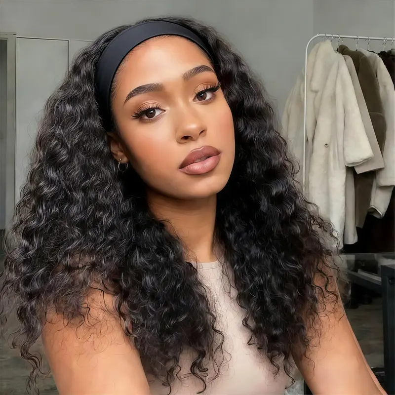 Headband Wig Human Hair Deep Wave 18 inch None Lace Front Wig Human Hair Machine Made Wigs Glueless Curly Hair Headband Half Wigs for Black Women Human Hair Natural Color