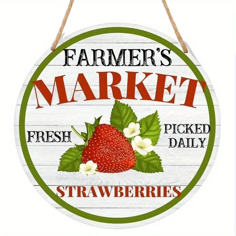 Vintage Strawberry Wall Decor, Rustic Wooden Hanging Farmhouse Sign with Daily Fresh Picking Design, Durable Material, Perfect for Kitchen & Bar (9.2x9.2 Inches)