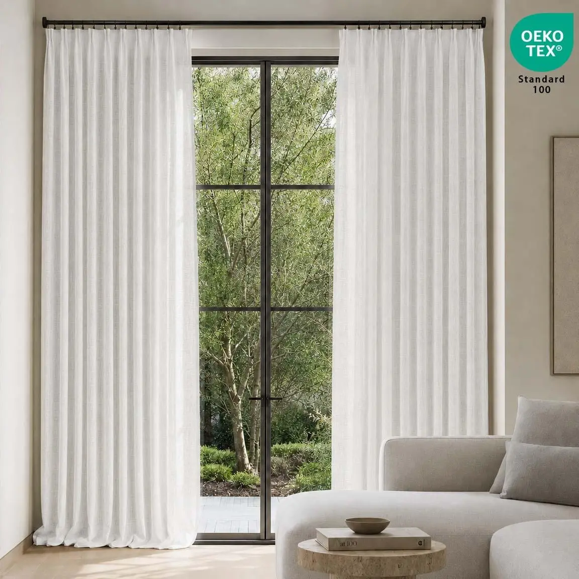 TWOPAGES Adjustable Size Pinch Pleated Light Filtering Curtain - 52W x 108L Linen Textured Unlined Drape (2 Panels, Snow White) with Adjustable Attachment, for Living Room, Bedroom Indoor Windows & Doors, Adjustable Attachment Curtains, Summer Sale Deals