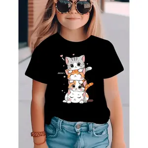 Summer Fashion Girls Short Sleeve TShirt Featuring Cute Kitten Cartoon Print for Casual Wear