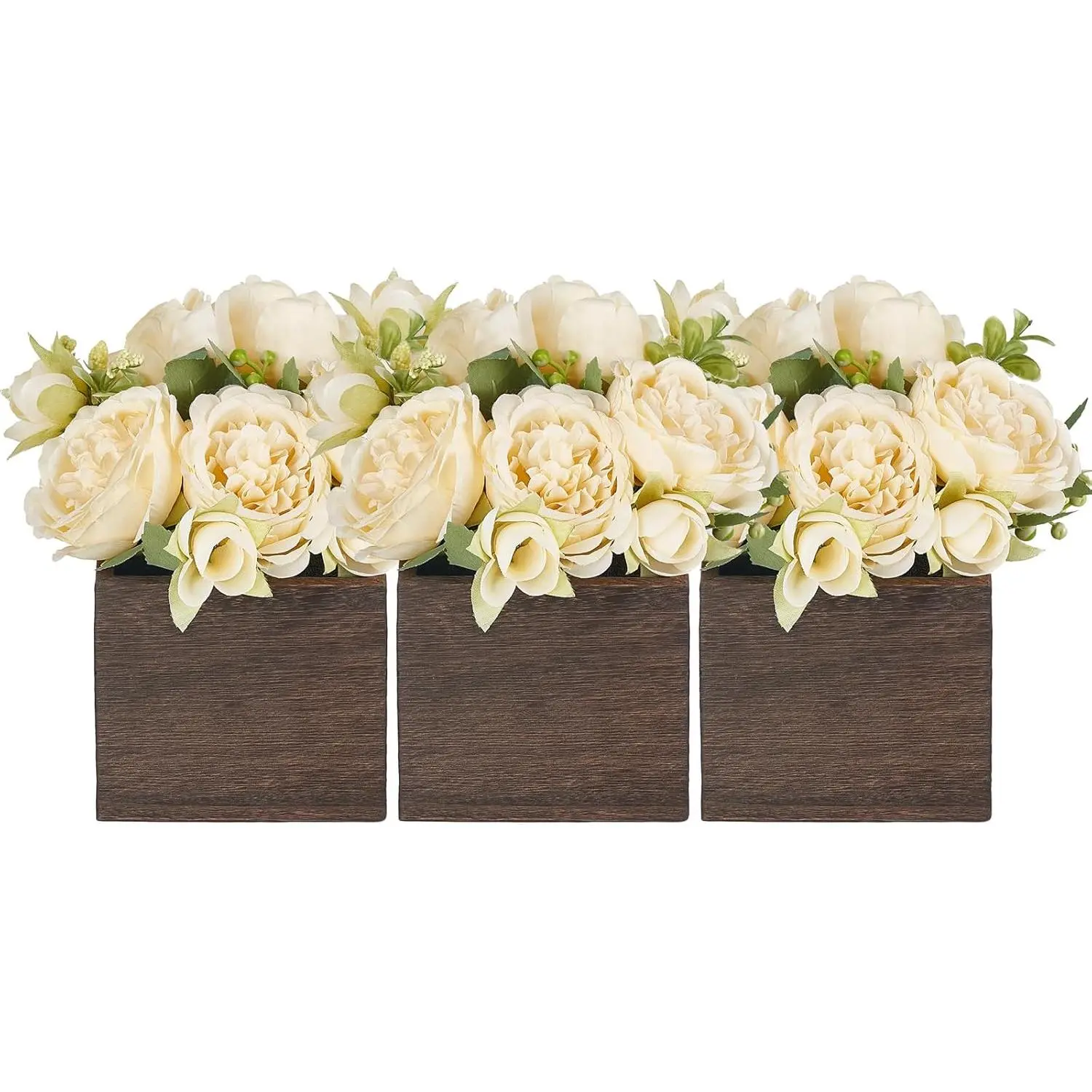 Dahey 3-Piece Synthetic Peony Floral Arrangement Centerpiece Set - Compact, Distressed Finish Wooden Vase & Decorative Box Included, Farmhouse Home Decor for Table, Thanksgiving Wedding Gift