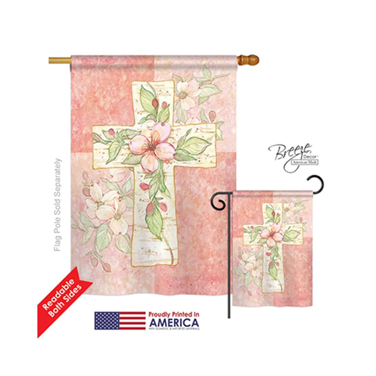 Breeze Decor 03044 Polyester Rectangular Pink Flower Cross Double-Sided Vertical Impression House Flag - 28x40 in, Original Artwork Design, 28 X 40 In.