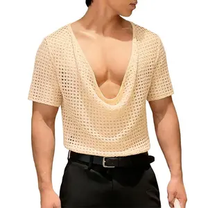 INCERUN Men's Rave Festival Mesh Draped Top See-through Sultry Nightlife Aesthetic