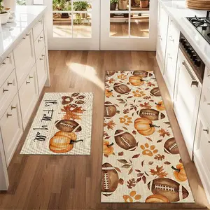 2Pcs Autumn Pumpkin Football Maple Leaf Floor Mat Set Farmhouse Kitchen Rug Dining Room Flooring Laundry Room Decor Carpet Mat, Household Decorative Rug