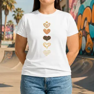 Women's Oversized Casual T-Shirt - Loose, Soft, Comfortable Top with Vertical Stack Gold Hearts Design for Fashion Wear