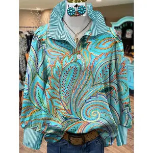 Women’s St. Patrick’s Day Green Boho Floral Print Button-Up Top – Striped Collar Long Sleeve Casual Shirt
