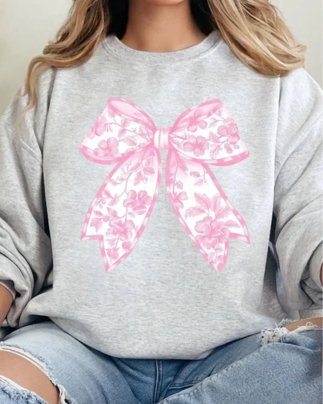 Pink Chinoiserie Coquette Bow Unisex NuBlend Crew Sweatshirt PINK GIRLY