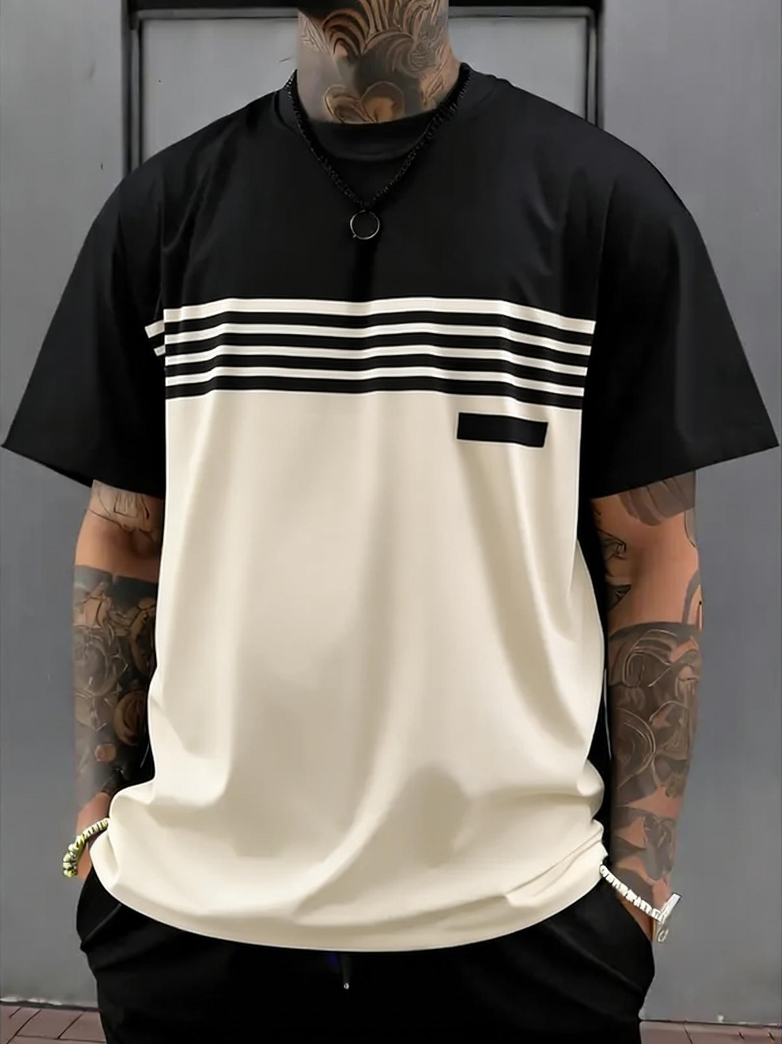 Men’s slim-fit quick-dry sports T-shirt; lightweight color-block striped casual fitness short-sleeve T-shirt—thin, breathable, and comfortable. Suitable for summer outdoor leisure activewear styling. This short-sleeve T-shirt is ideal for parties and dini