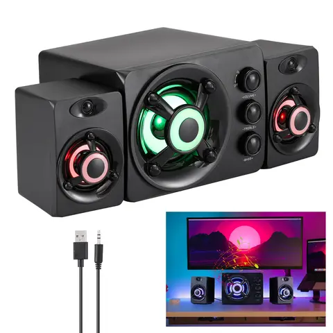 DAZONE 3-Channel Universal Computer Speakers - Bluetooth-Free LED Light Sound System, USB-Powered, 3.5mm AUX Cable, Adjustable, Plug-and-Play, with Port, PC Accessories, Man Cave Gadgets for Laptops